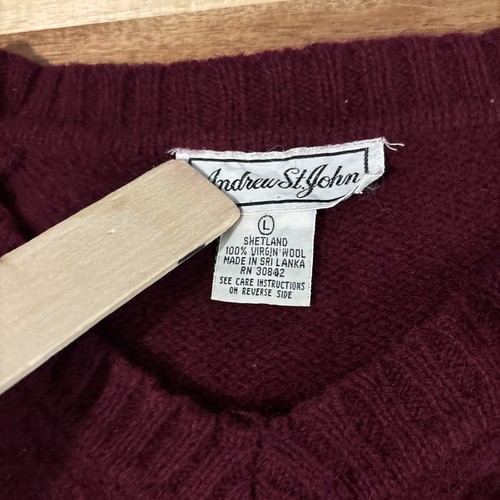 VTG Red Maroon Andrew St John Shetland Wool Cable Knit Sweater Size Large - Picture 3 of 9