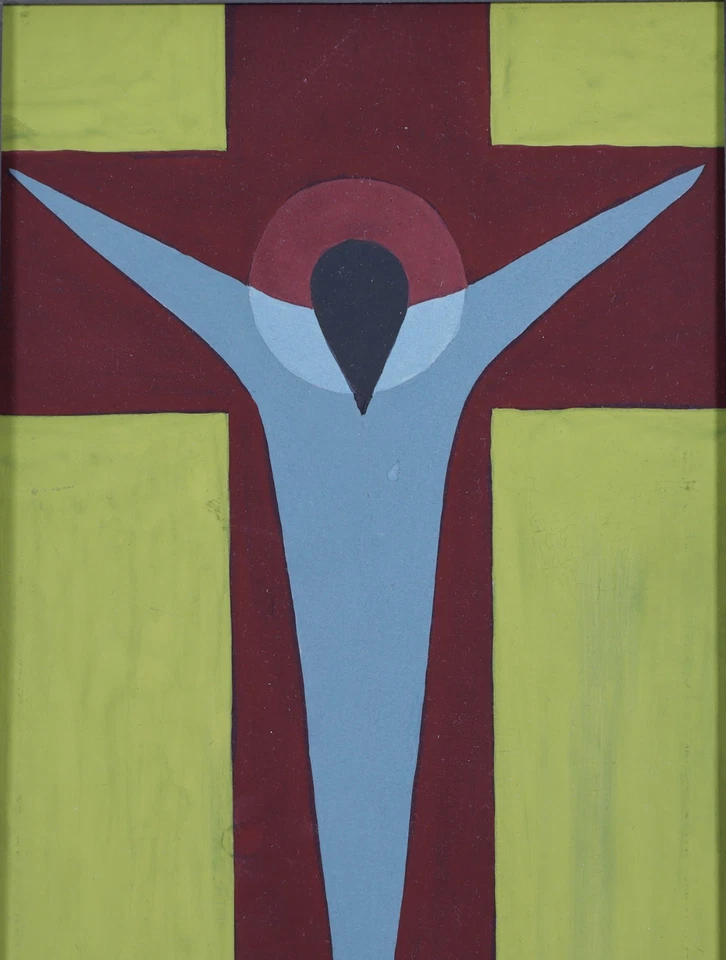 Pintura acrílica abstracta 1966 "Crucifijo 1" sobre papel, arte vintage de mediados de siglo Foto 3 de 4