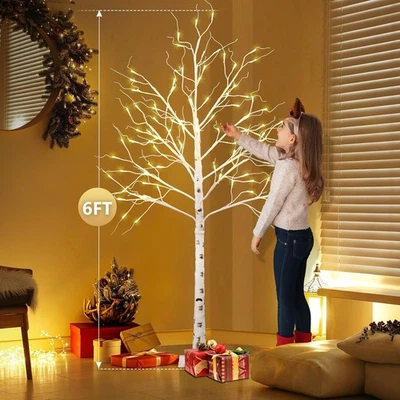 FCH 6ft Artificial White Birch Tree Light w/ 96 White Pre-Lit LED Light 180cm