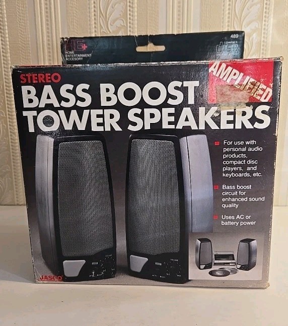 Vintage Jasco Bass Boost Tower Twin Speakers, bass switch, Equilizer Booster