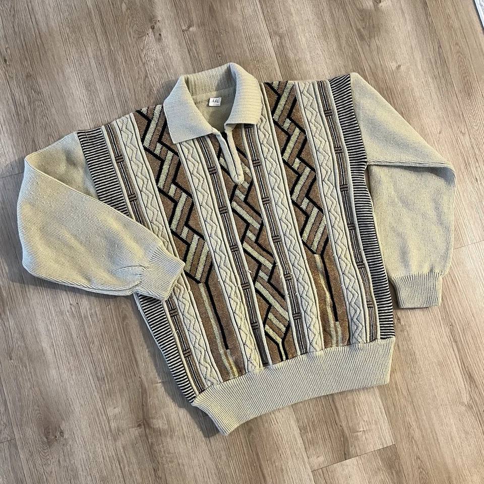 VTG 90s 3D Coogi Style Hip Hop Quarter Zip Sweater Knit Brown Mens XXL - Image 3 of 4