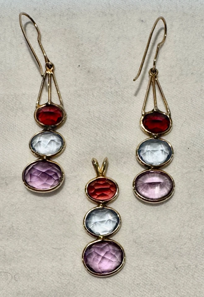Juego de pendientes y colgantes de piedras preciosas multicolores de oro amarillo de 14K topacio amatista granate Foto 2 de 4