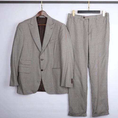Canali Men's Brown Micro Houndstooth 100% Wool Two Button Suit 42R Made in Italy