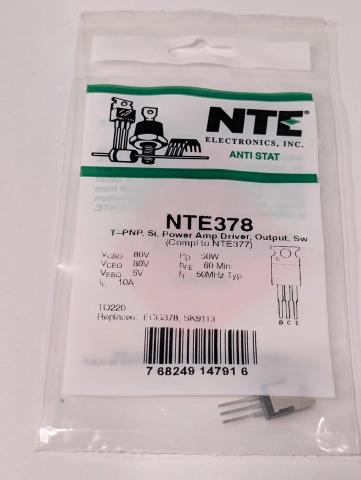 (6) NTE Electronics NTE378 T-PNP, Si, Power Amp Driver, Output, Sw, Anti-Stat - Image 3 of 4