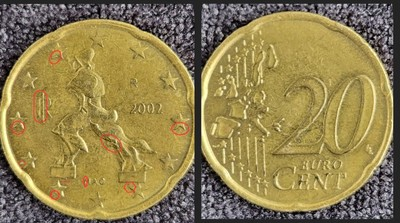 #ad 2002 Italy 20 Cent Euro Coin w Errors C $1250.00