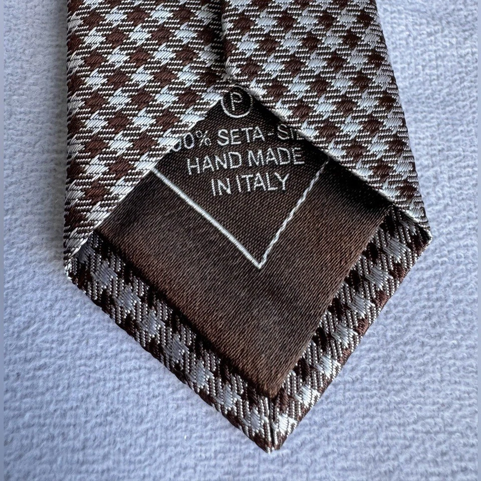 Corbata Brioni 100 % seda para hombre hecha en Italia marrón a cuadros hecha a mano diseñador de lujo Foto 3 de 4