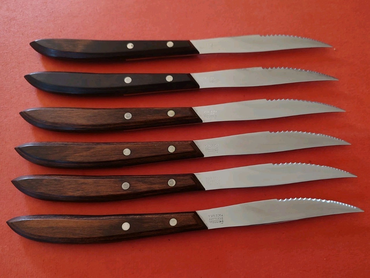 6 Russell Serrated Steak Knives Rosewood Handle USA MCM Rack Orig Box Dexter