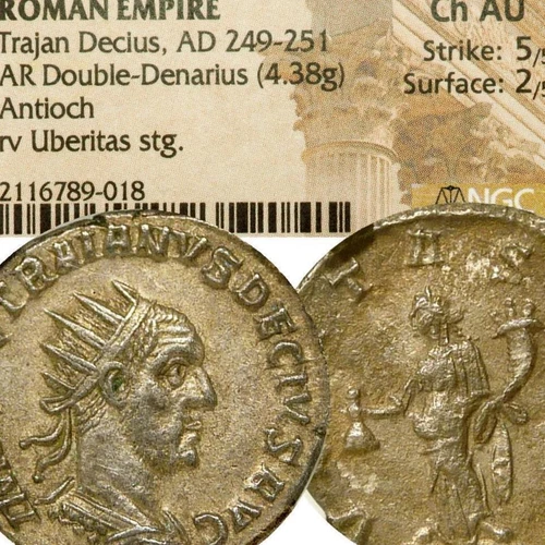 TRAJAN DECIUS Rare 'VERITAS AVG' NGC Choice AU A.Uncirculated! Roman Silver Coin