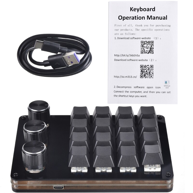 Compact 16-Key Macro Mechanical Keyboard with 3 Knobs for Professional Use