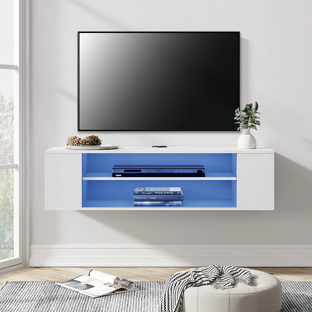 White Floating TV Stand with Blue LED Lights Wall Mounted Shelf