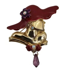 Vintage Red Hat Society Lady Enamel Rhinstones Pin Brooch