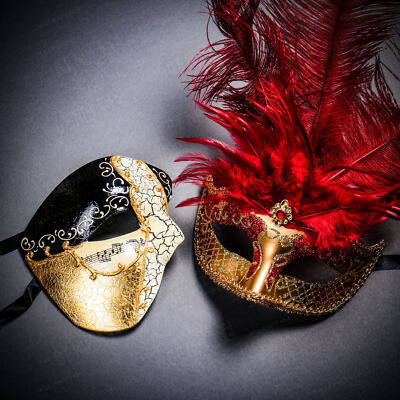 Phantom Musical Gold & Venetian Gold MardiGras Purple Tall Feather Couple Masks