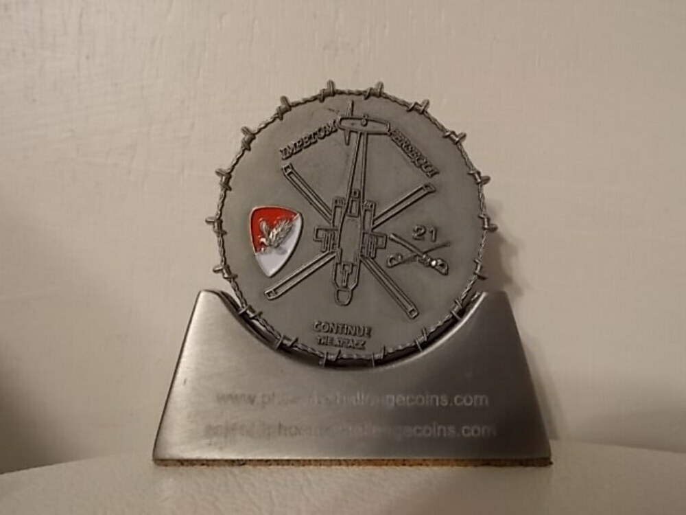 21 Air Cav Apache unit coin with realistic 3D barbed wire edge in antique silver