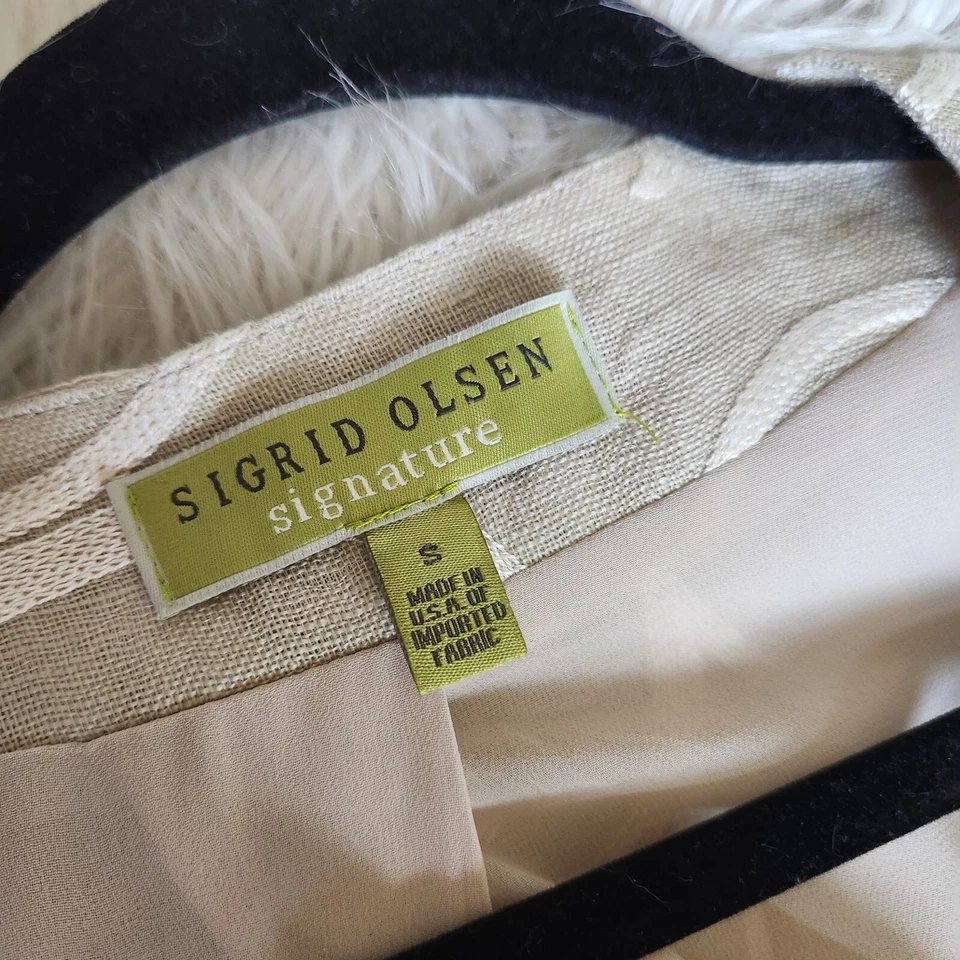 Sigrid Olsen 100% Linen Cardigan Embroidered Long Jacket S Small Beige Cream - Image 3 of 4