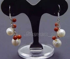 Big 10-11mm White Potato Natural FW Pearl & 5-6mm Pink Coral dangle Earring-e556