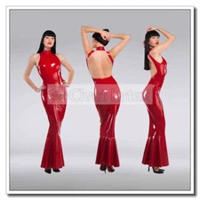 Latex Dress Full Length Backless Fish Tail High Neck Back Snap Customize D148