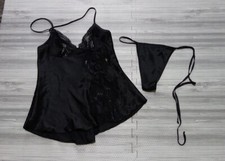 Vtg Shirley of Hollywood Camisole Bikini Set Black Satin Size Small