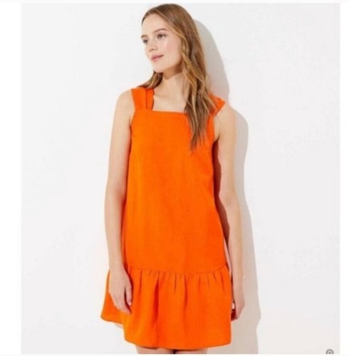 Loft Dress Small Sleeveless Linen-Blend Orange Square Neck Ruffle Hem Shift Mini - Picture 3 of 11