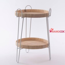 TAVOLINO Tavolo tondo metallo bianco 2 piani rattan d.40 h59 shabby