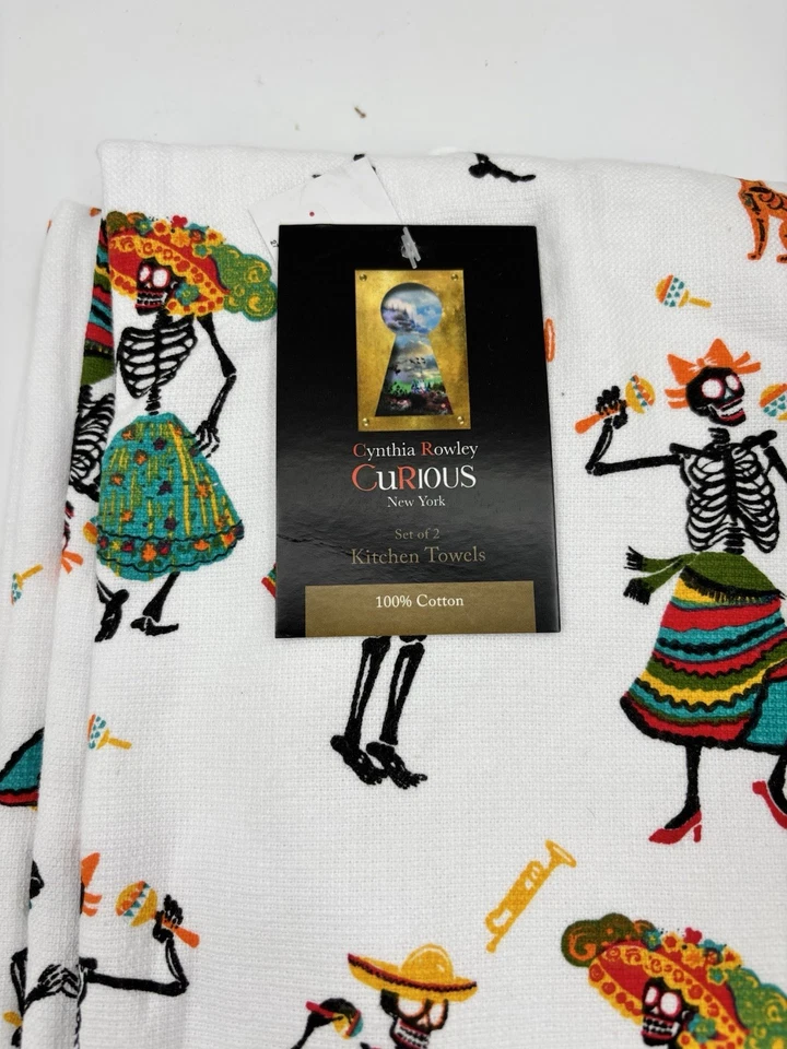 CYNTHIA ROWLEY CURIOSAS TOALLAS DE COCINA DÍA DE MUERTOS ESQUELETOS, Juego 2 100% algodón Foto 2 de 2