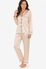 Womens Small Champagne Satin Silk Pajama Set Long Sleeve Button New