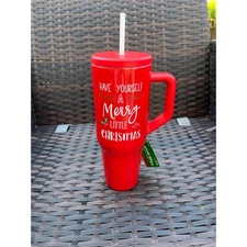 Sleigh Bell Bistro Red Christmas Tumbler With Handle & Straw 31oz New