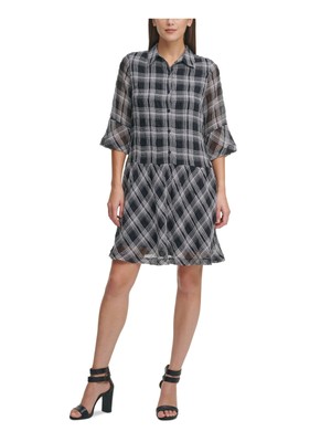 DKNY Womens Black Plaid 3/4 Sleeve Short Party Drop Waist Dress 4