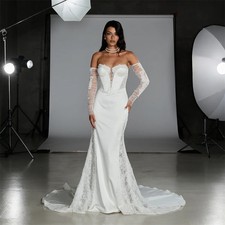 Customized Scoop Neckline Detachable Sleeves Satin Mermaid Wedding Dress Zipper