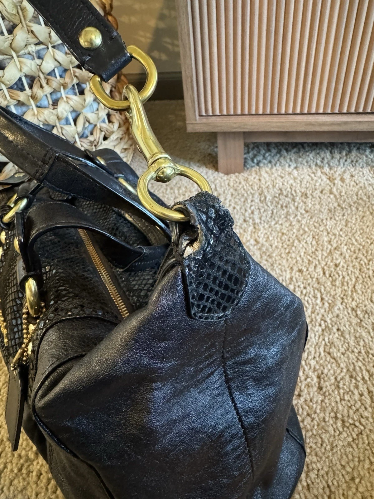 Borsa a tracolla Coach Ashley nera pelle con accenti di pelle di serpente A1373 F1924