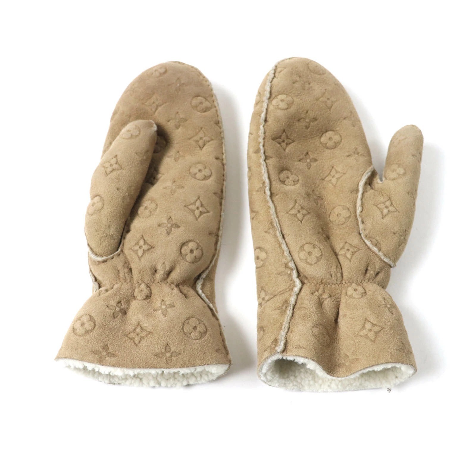 Authentic Louis Vuitton Beige Sheepskin Mittens Gloves M76453