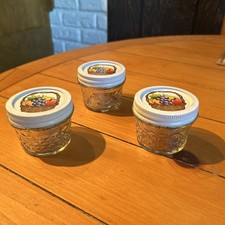 Ball 4 oz quilted Clear Glass Canning Jars w/ White Fruit Metal Lids Set of 3