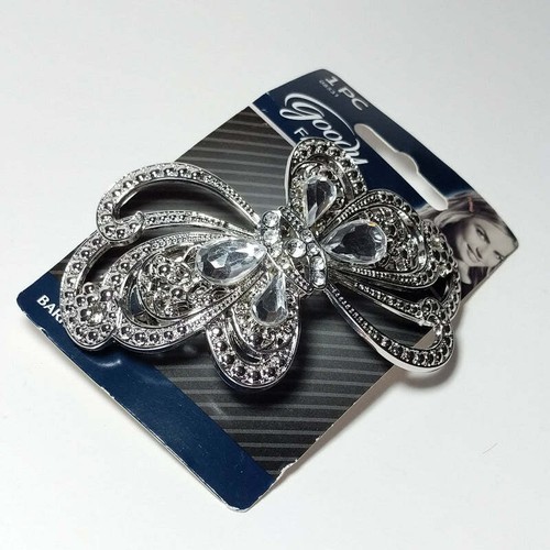 Goody Hair Barrette Fashionow Metal Butterfly Clip Faux Diamonds Gems Silver - Picture 4 of 12