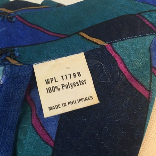 Leslie Fay Vintage 70s Blues Geometric A-Line Mock Neck Dress, Diamond Ruffle 12 - Picture 8 of 10