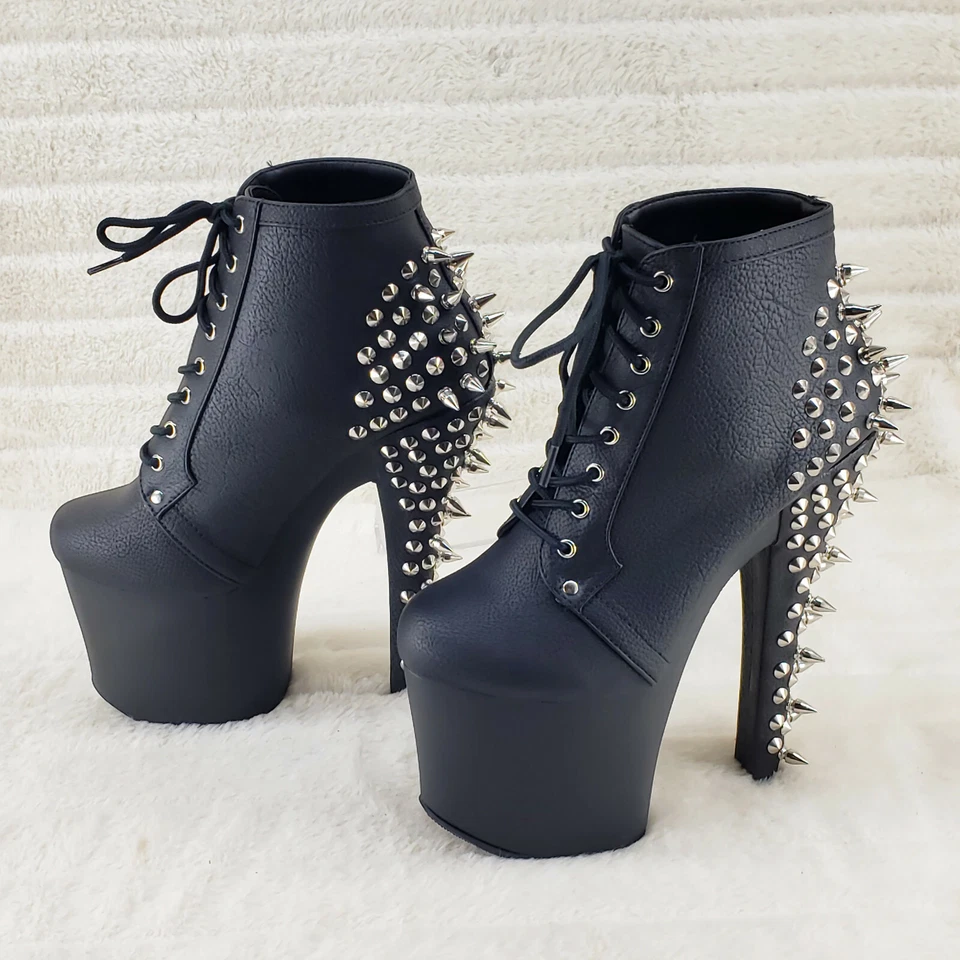 Fearless 700-28 Black 7" Spiked Stud High Heel Platform Ankle Boots In House - Image 4 of 4