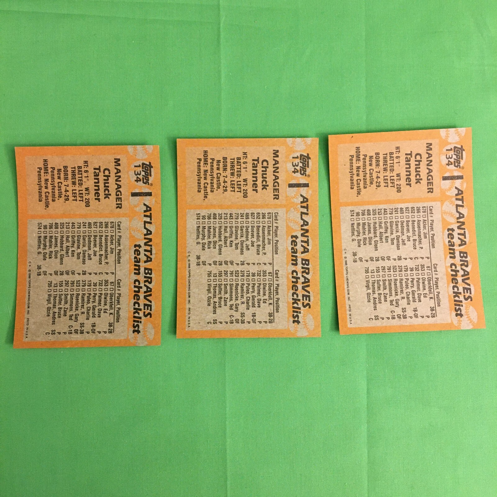 CHUCK TANNER three baseball cards 1988 Topps #13, Atlanta Braves manager thumbnail 4