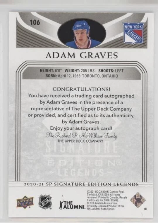 2020-21 SP SIGNATURE LEGENDS BLACK PARALLEL AUTO ADAM GRAVES /10 RANGERS - Image 2 of 2
