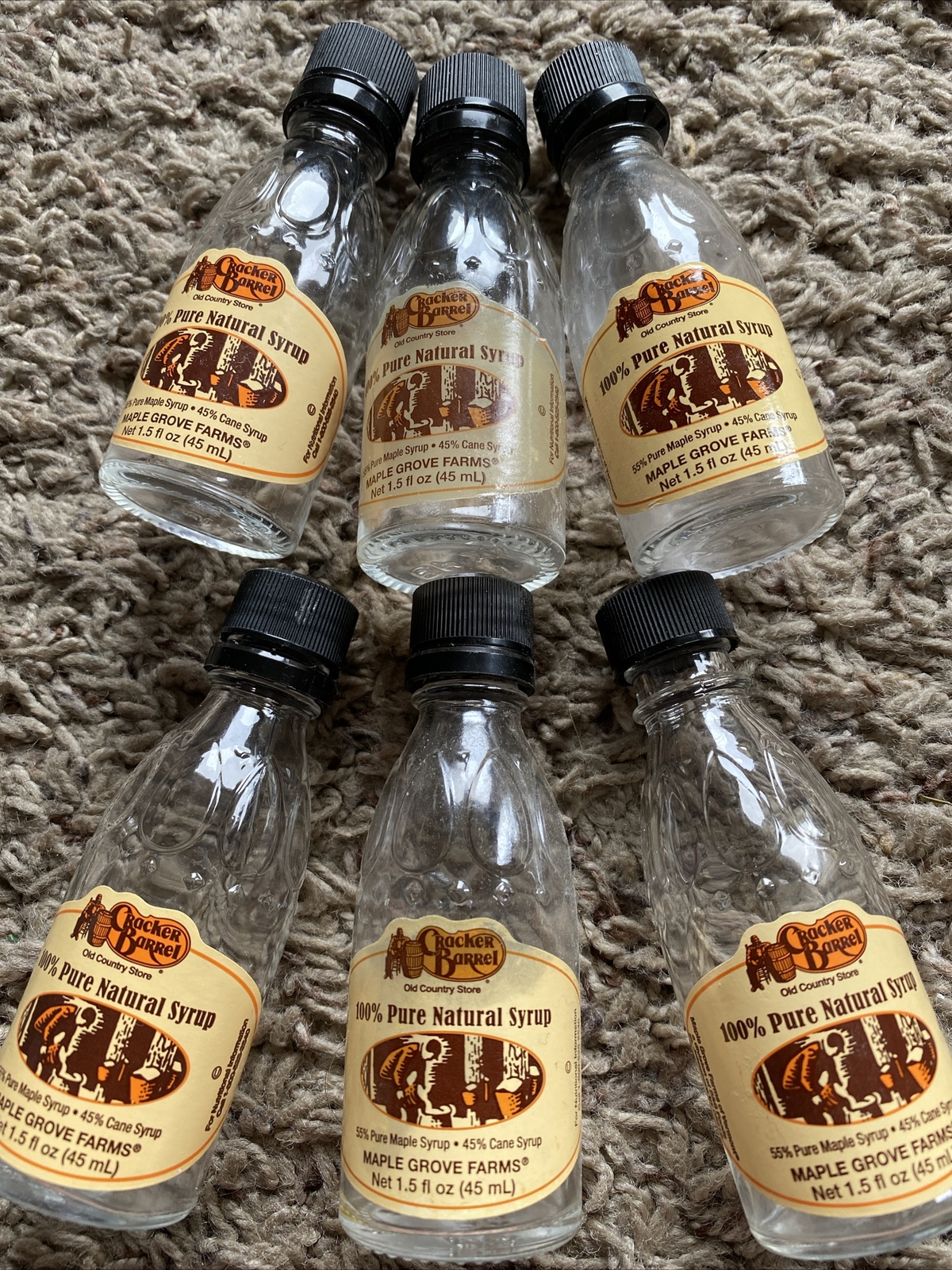 Lot of 6 EMPTY Cracker Barrel Syrup Bottles Black Lids 1.5 oz. 33/4