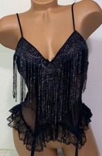 VTG Secret Treasures Black Metallic Lace bodysuit Corset Top Garters Nylon L97