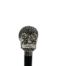 Italian Luxury 925 silver skull head with black crystals walking cane 36-inch 