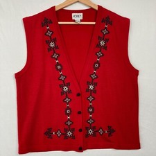 Vintage Koret Wool Blend Embroidered Sweater Vest Large Red Country Cottagecore