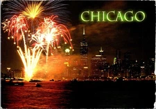 Chicago Illinois Lake Michigan Skyline Fireworks PM WOB Note Postcard
