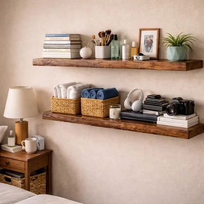 Wandregal Holz Schweberegal Farbe Teak Bücherregal Eiche Hängeregal Wand Shelf - Bild 1 von 4
