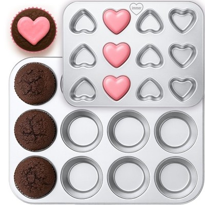 Edelstahl Backform 12er Muffinform Blecher 2er-Set - Klassisch und Herzform