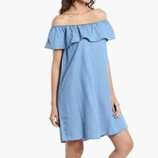 Charlie Paige Sz Small Chambray Off The Shoulder Ruffle Beachy Dress