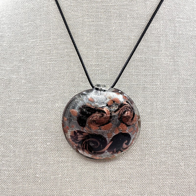 Vintage 90s Art Resin Pendant Necklace Braided faux Leather Women's Jewelry