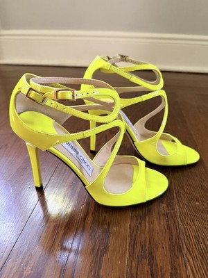 JIMMY CHOO Lance 100 Neon Yellow Patent Leather Strappy Sandals - Size 35  EU
