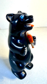 Herbert Davis 4"H Jet Stone Turquoise Eyes Bear Carved Fetish w/ Fish Navajo
