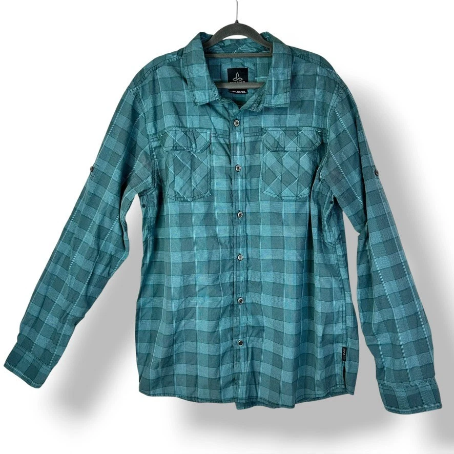 PrAna Mens Fletcher Long Sleeve Button Outdoor Plaid Organic Cotton Blend Sz XL