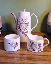 Queen Anne Bone China Autumn Rose Coffee Pot Sugar And Milk Jug Set MCM Retro