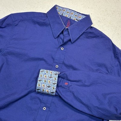 Robert Graham Shirt Mens Medium Blue Paisley Flip Cuff Contrast Embossed Diamond